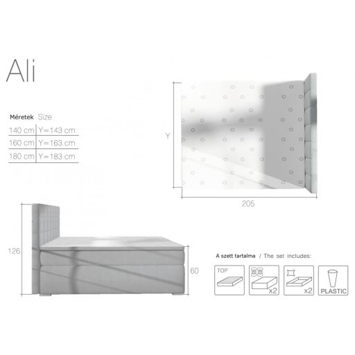 Kontinentális ágy Ali - ágyneműtartóval 140 X 200 - hideghab topperrel