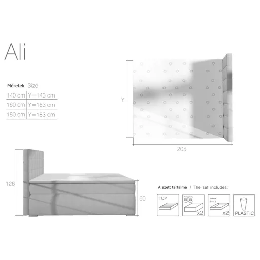 Sötétszürke kontinentális ágy Ali - ágyneműtartóval 160 X 200 - hideghab topperrel - Sawana05 szövettel gyors szállítással