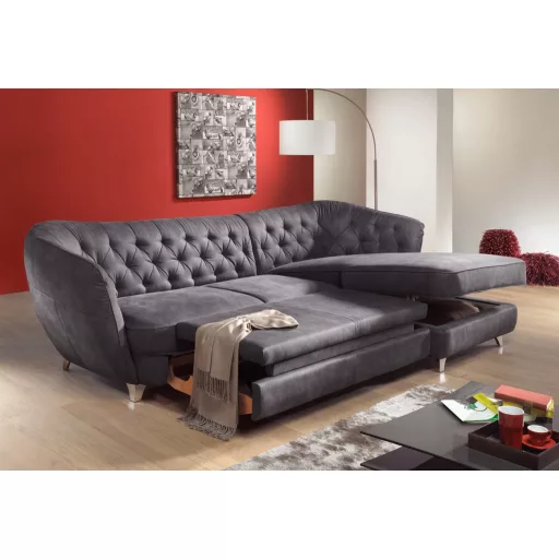 Chesterfield Retro L-alakú ágyazható sarokkanapé - jobbos - nyitott