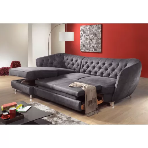 Chesterfield Retro L-alakú ágyazható sarokkanapé - balos - nyitott