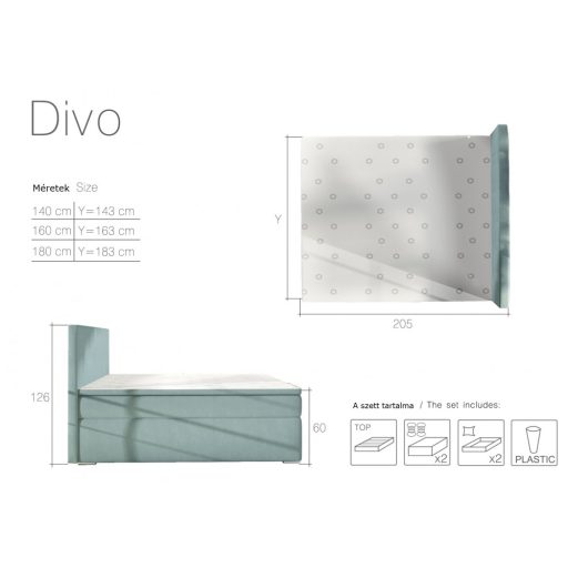 Divo ágyneműtartós kontinentális ágy 140 X 200 - hideghab topperrel