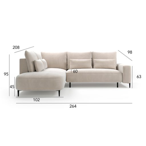 Bizzante L-alakú sarokülő ágyneműtartós és ágyazható - jobbos 264 cm X 208 cm