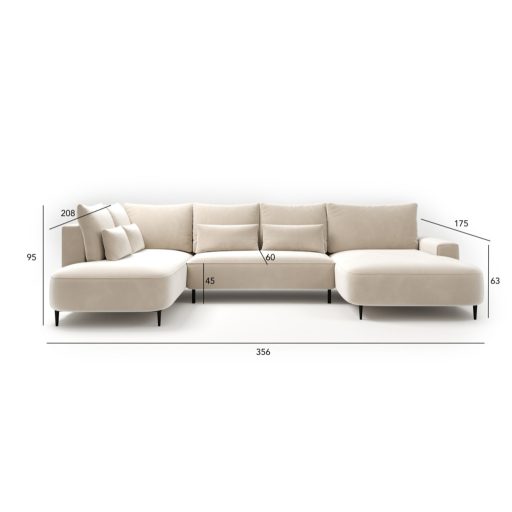 Bizzante U-alakú sarokkanapé ágyneműtartós és ágyazható - aaszimmetrikus  - balos 208 X 356 X cm X 184 cm