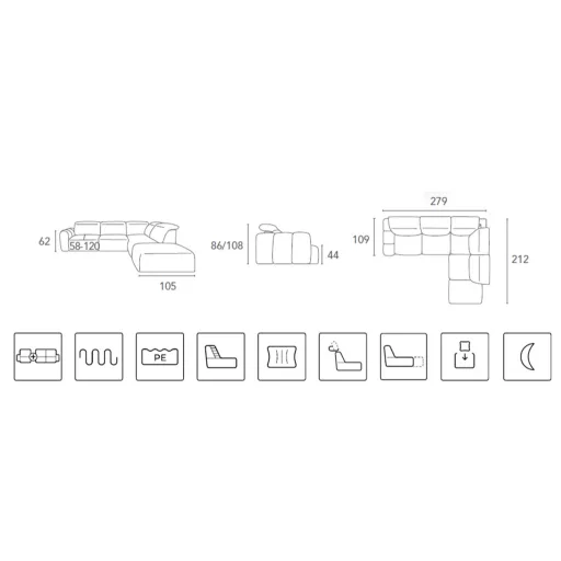 Coriso L-alakú sarokkanapé - jobbos - zárt - 279 cm X 212 cm - elektromosan mélyíthető ülőfelülettel