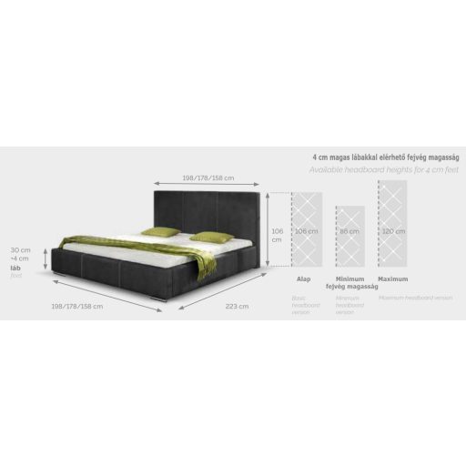 Parma ágyneműtartós kárpitozott ágy előlről nyíló gázrugós ágyráccsal - 86 cm magas fejvéggel - 120 X 200 fekvőfelület